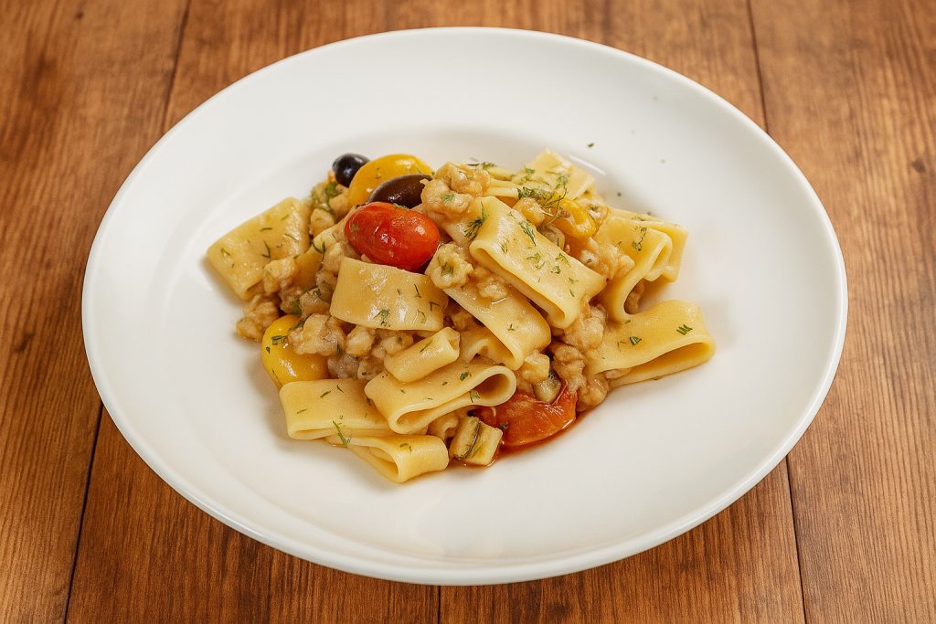 Mezzi Paccheri with White Cod Ragu & Seasonal Vegetables