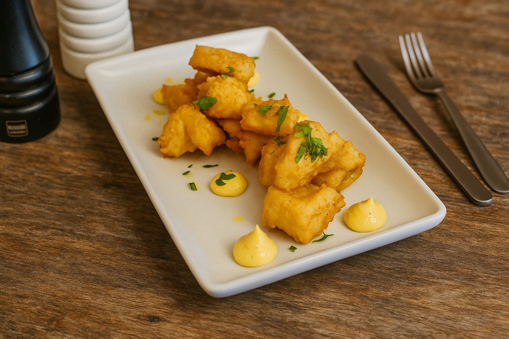 Tempura cod with pumpkin mayonnaise