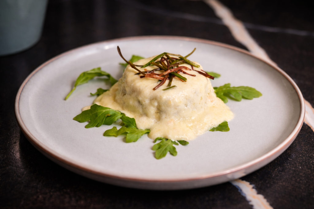 Leek & potato flan with cheese fondue